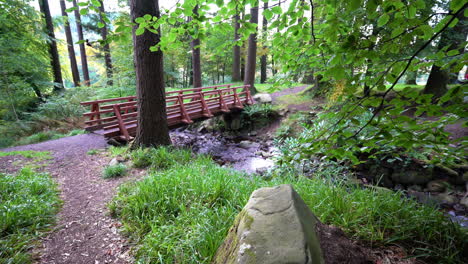 Puente-Peatonal-De-Madera-Roja-Sobre-Un-Arroyo-De-Agua-Dulce--parque-Forestal-De-Ravensdale,-Irlanda