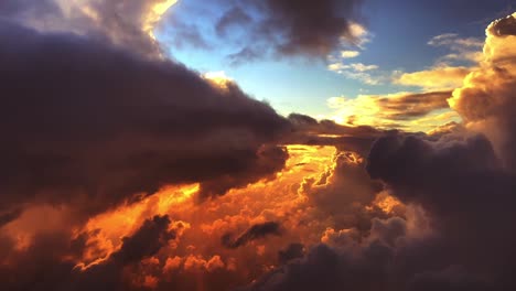 dramatic sunlight breaking through clouds, pov shot of an airplane flying through clouds