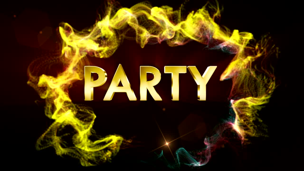 animación de texto de fiesta en partículas anillo, renderización, fondo, bucle