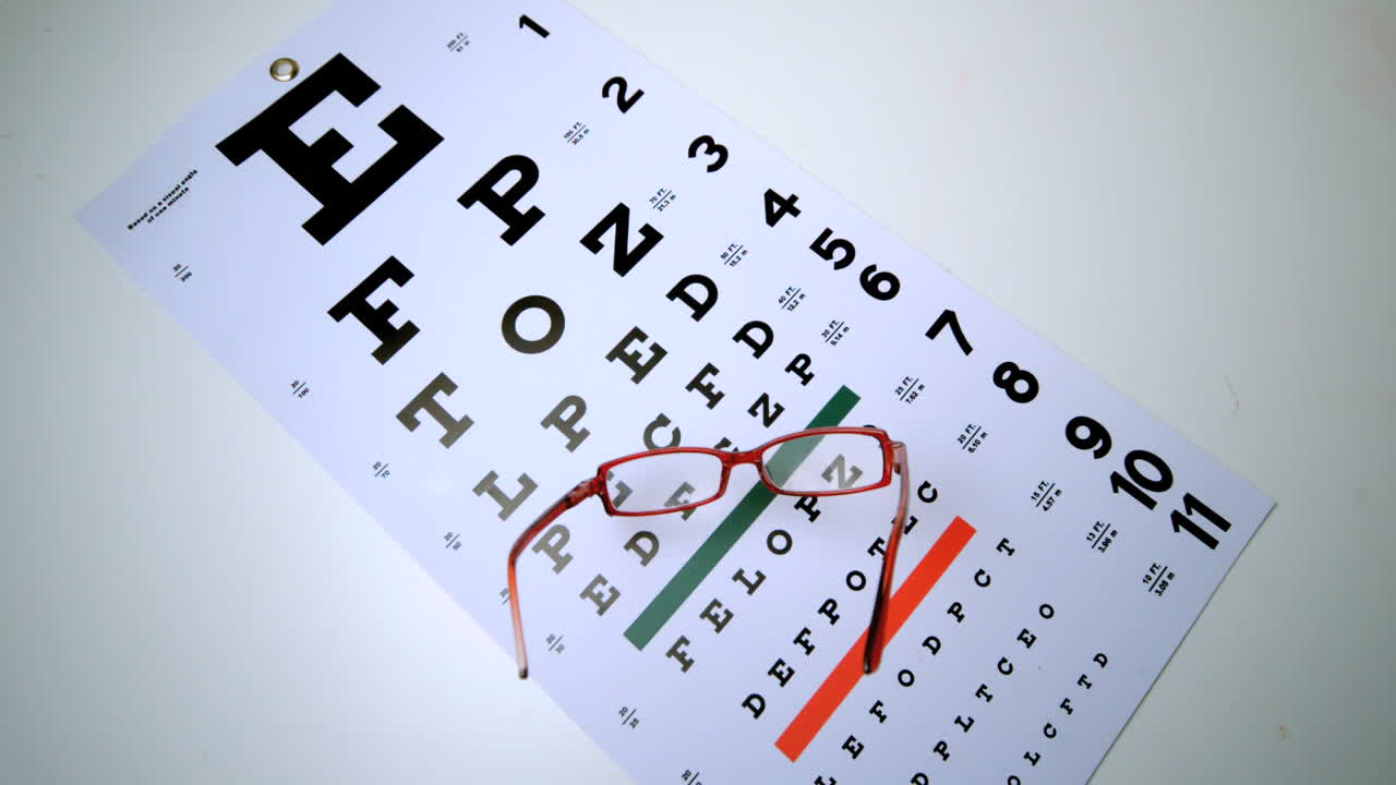 gafas de lectura rojas cayendo sobre la prueba de ojo disparo por encima de la cabeza