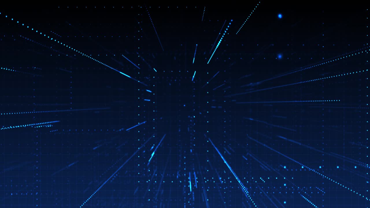 Animazione futuristica mostra un movimento ad alta velocità attraverso una griglia digitale blu luminosa con linee punteggiate.