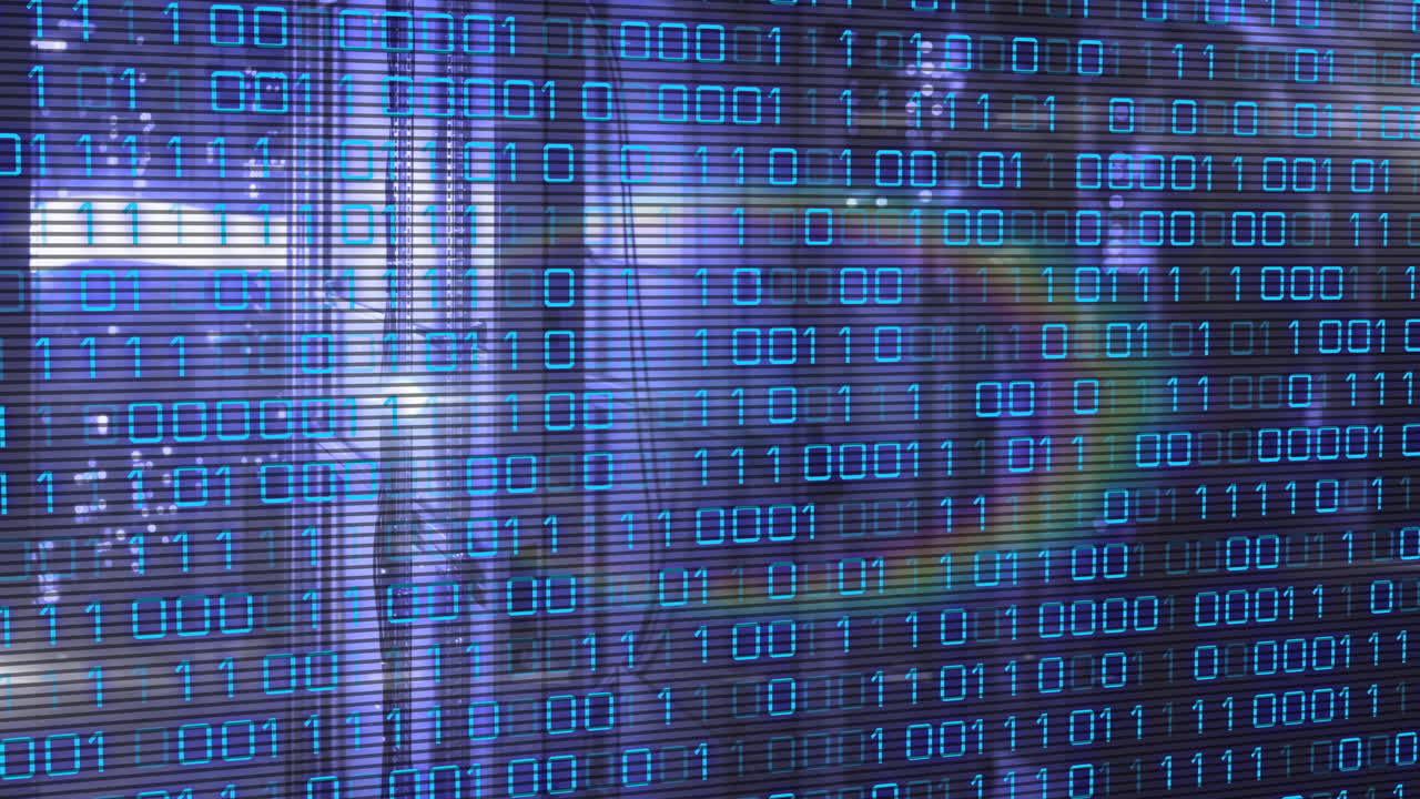 Binary code overlaying cityscape, representing digital animation technology concept