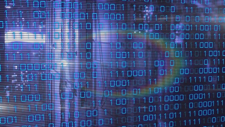 Binary code overlaying cityscape, representing digital animation technology concept