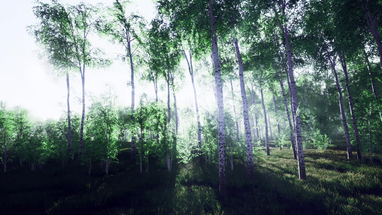 Sunlight filters through vibrant green trees in a serene forest landscape