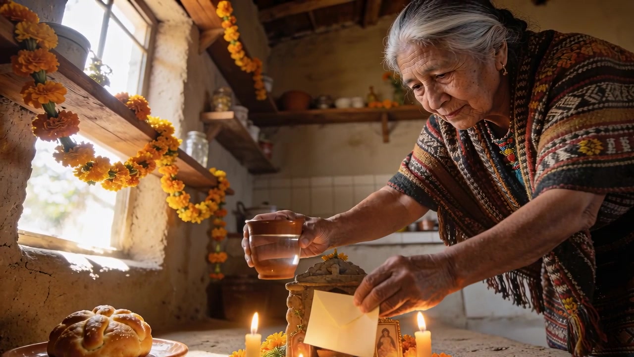Mujer latina mayor con chal tejido colocando una nota y sirviendo una taza en un altar de cocina con velas