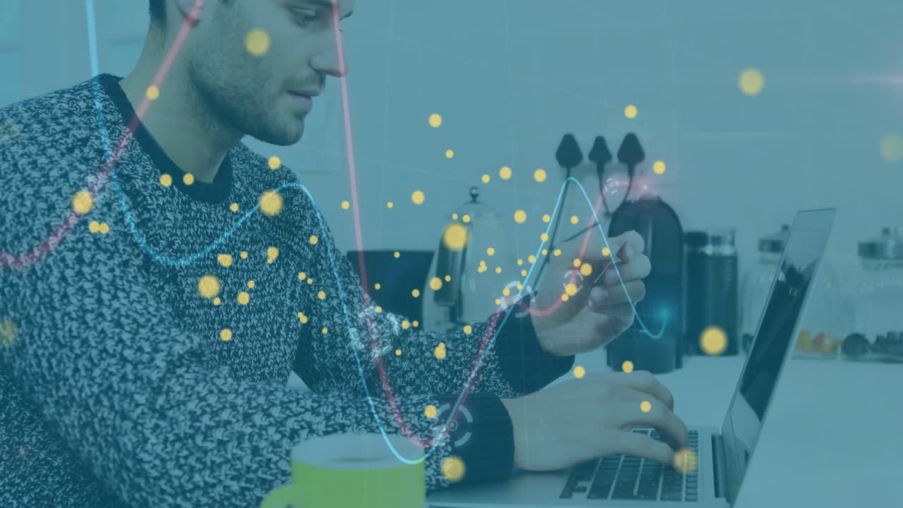 animación de la red de conexiones con iconos sobre el hombre caucásico usando computadora portátil