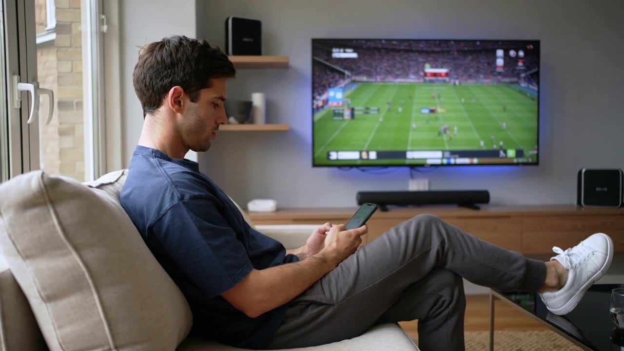Un uomo in camicia blu scuro si volta dal telefono verso la TV a casa, attratto dall'azione calcistica.