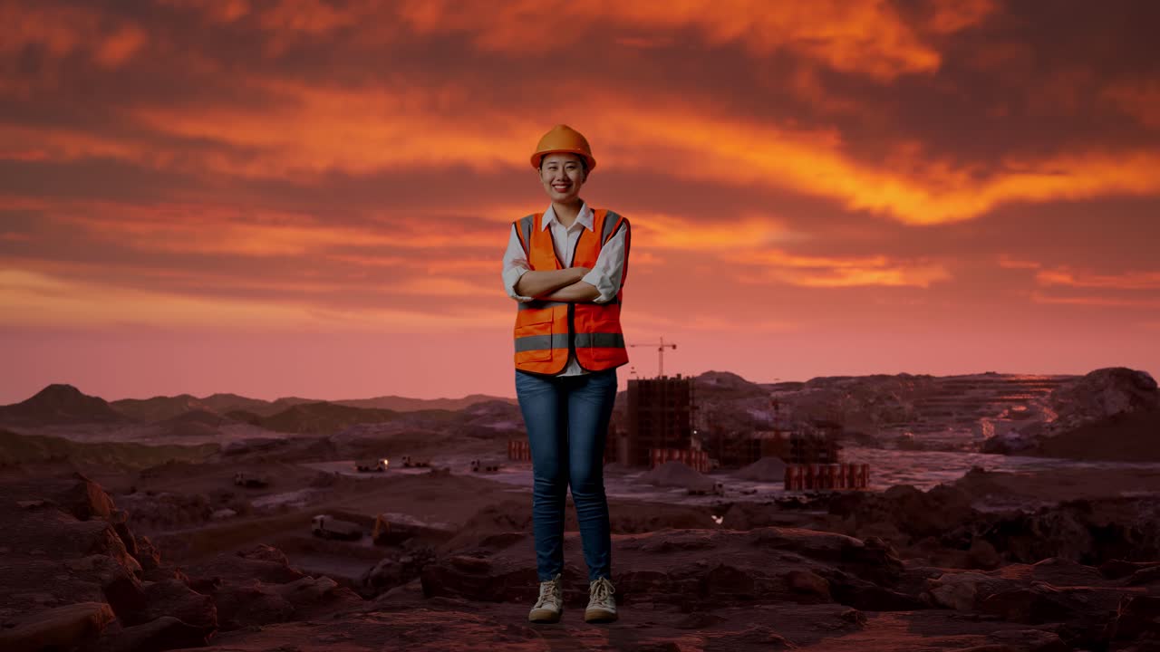 Woman Construction Worker at Sunset Quarry
