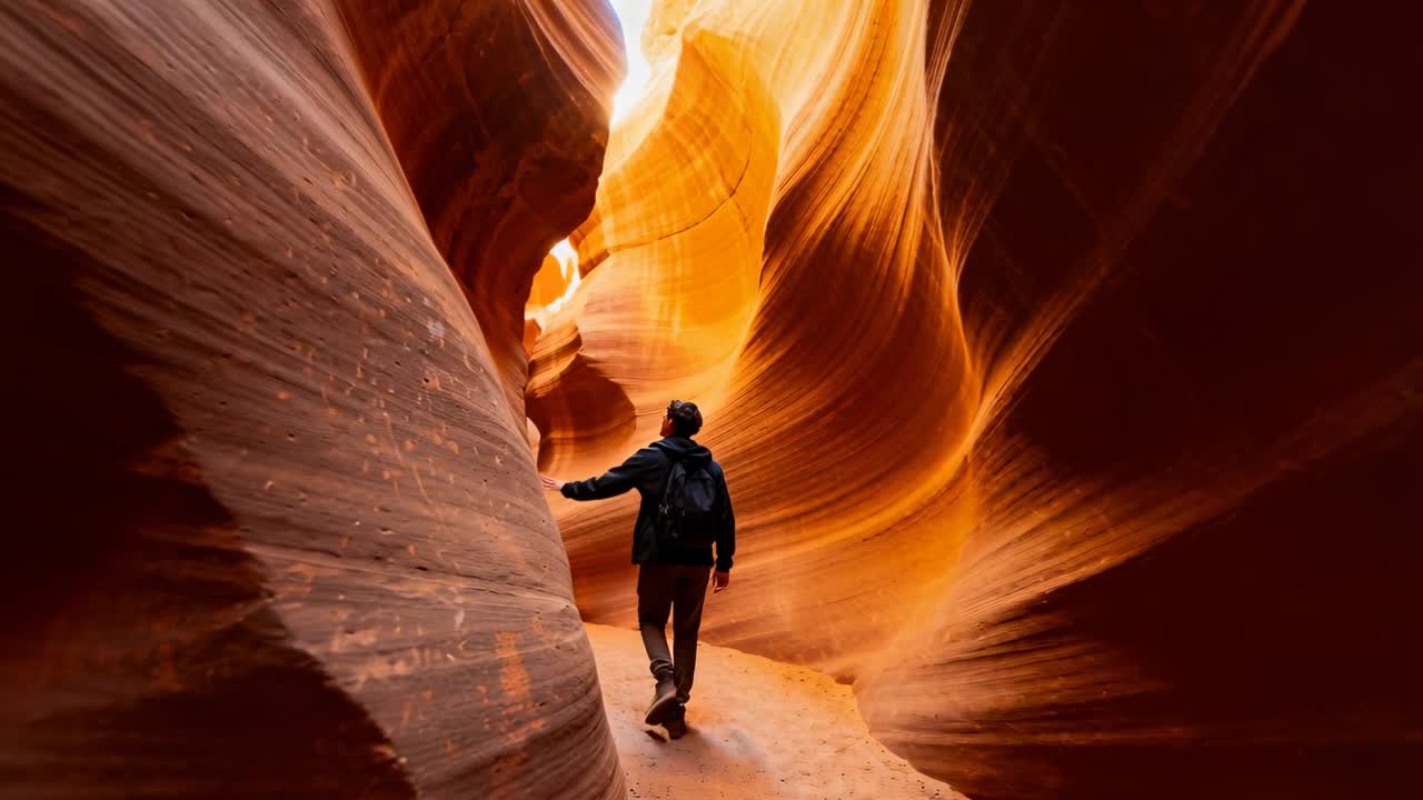 Exploring hiker entering canyon, touching left wall, looking up at light, in jacket and pack