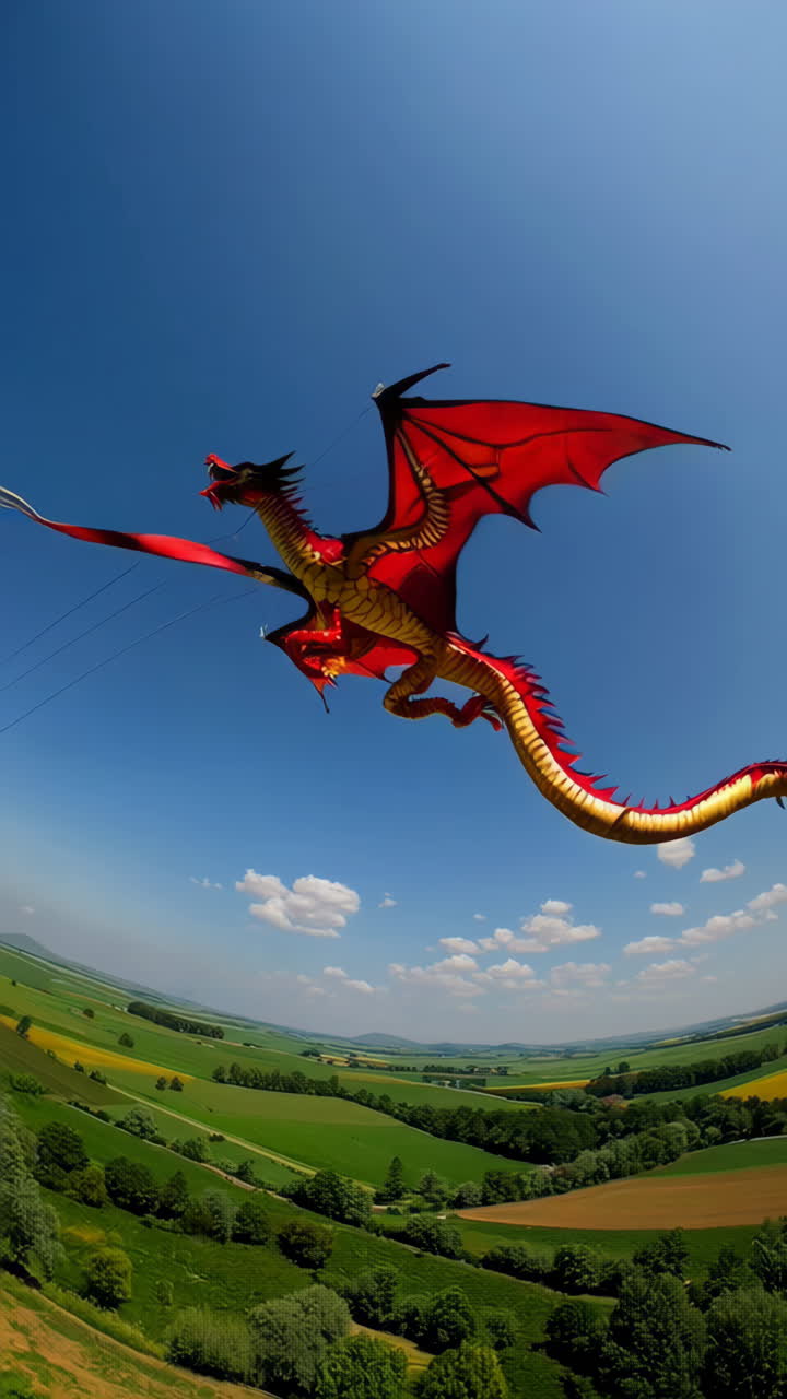 Red Dragon Kite Flying High Above Countryside Fields