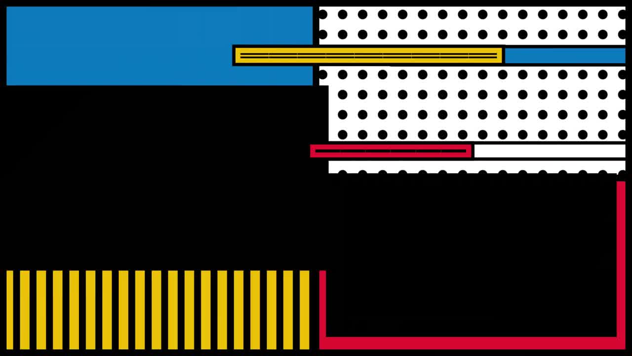 animación de formas geométricas y puntos negros, amarillos, azules, rojos y blancos