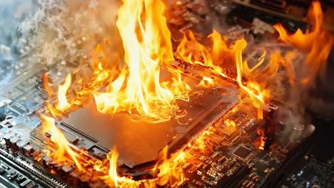 una placa base de computadora en llamas con humo saliendo de ella