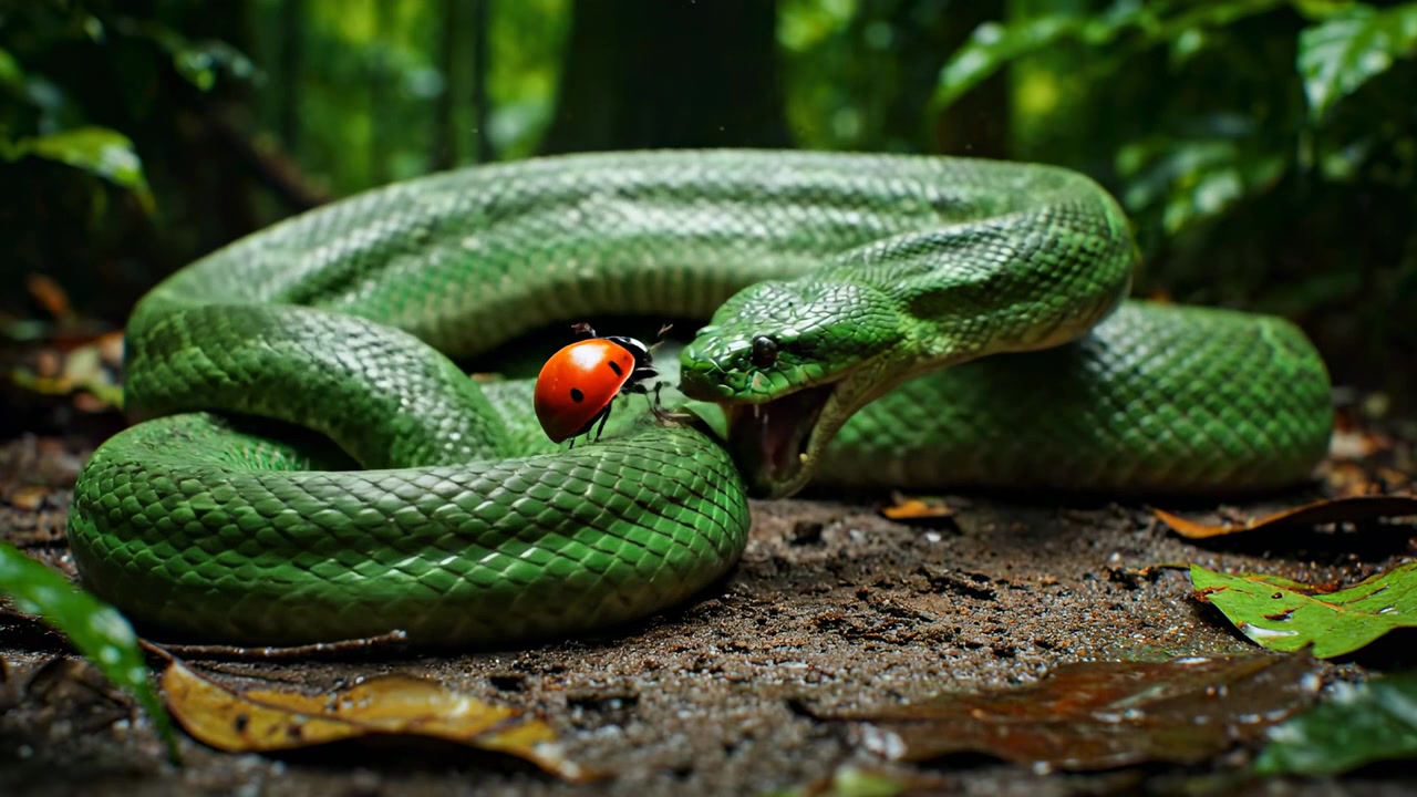 Serpente verde incontra coccinella rossa. Un serpente verde fronteggia una coccinella rossa in un ambiente di foresta verde durante il giorno. Foglie circondano la scena.
