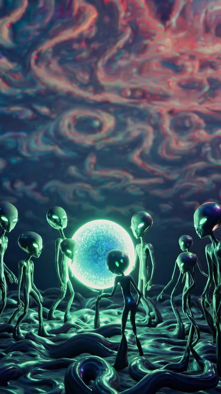 Group of Extraterrestrial Beings Interacting with Glowing Energy Spheres