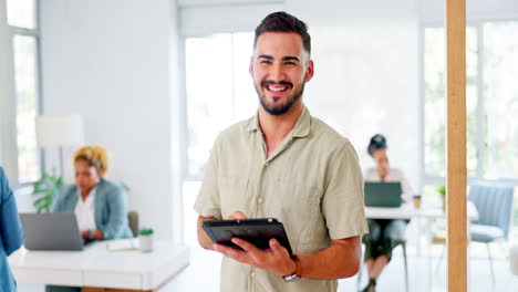 Face,-tablet-and-happy-man-in-office-startup