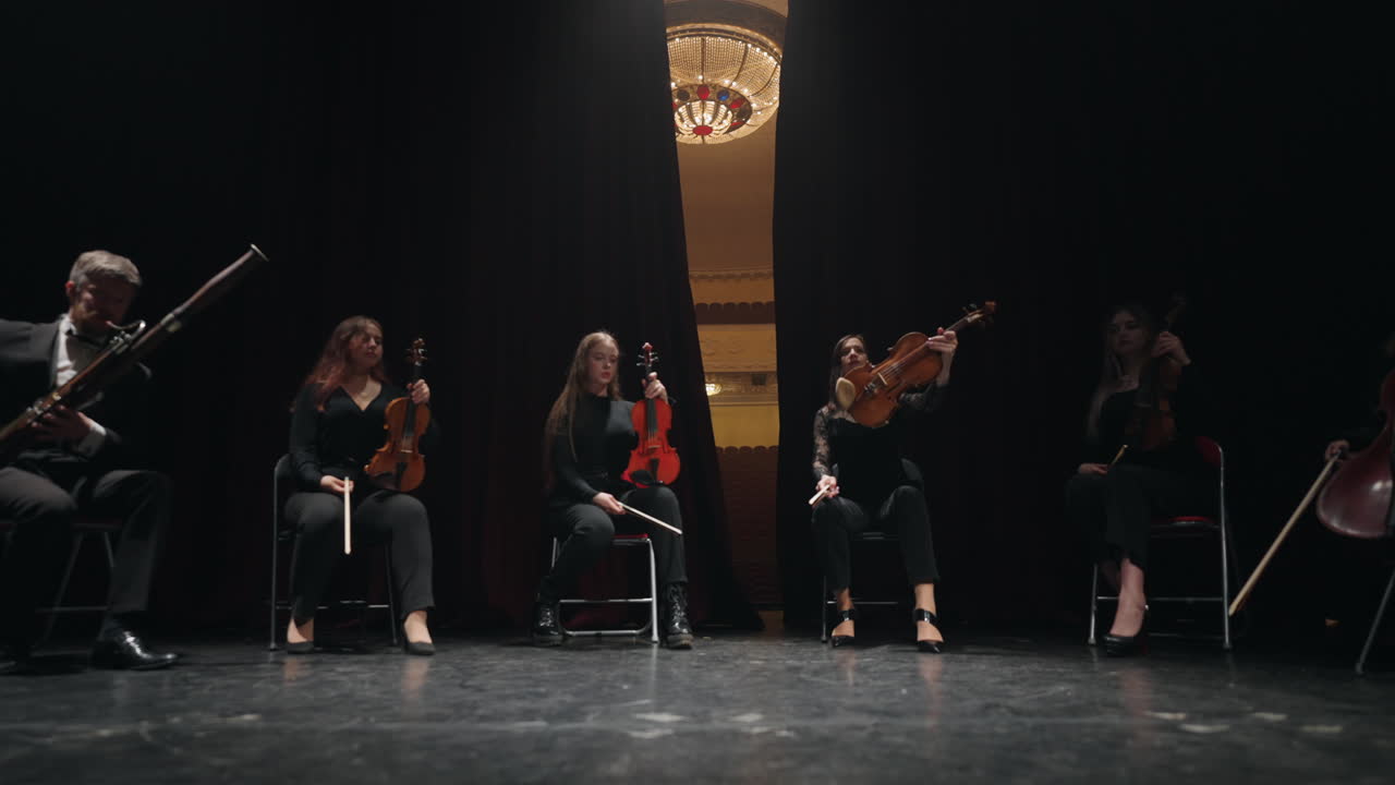 은 오페라 하우스 무대에서 현악기와 불악기의 음악 앙상블 커튼이 열리고 있습니다.