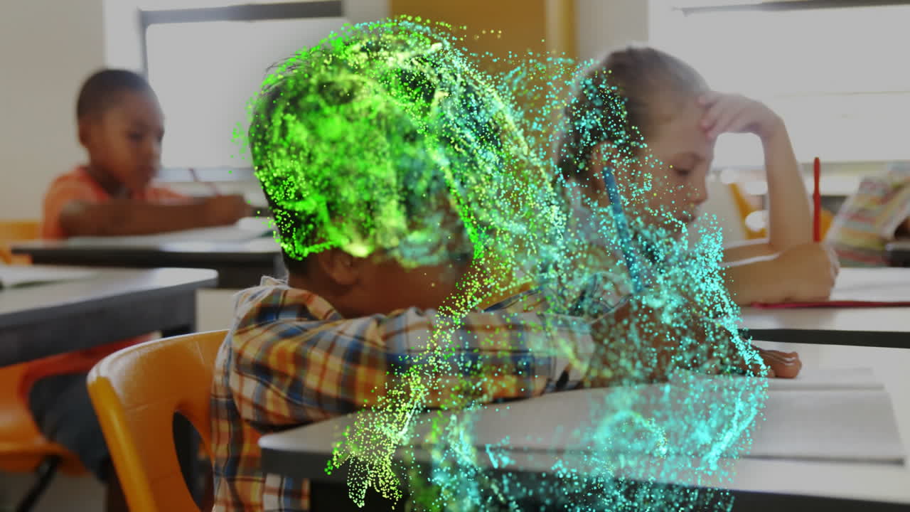 Children in classroom with swirling green and blue particle animation