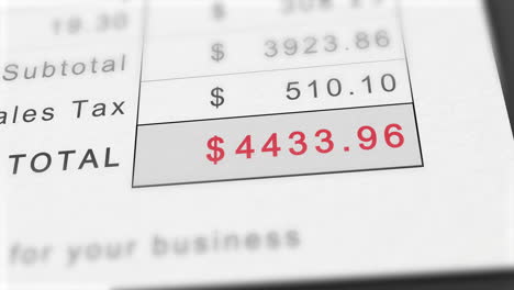 close up animation of growing invoice total in dollars