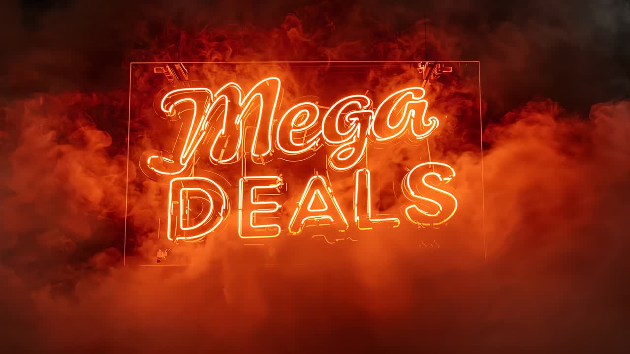 Shifting red smoke revealing Mega DEALS neon sign on panel in studio, clamps visible for promotion