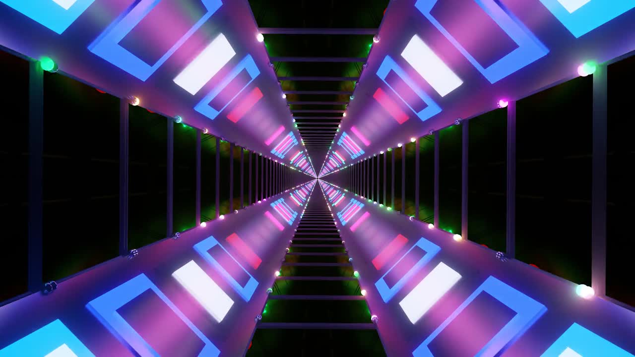 A colorful display of lights creates an immersive tunnel experience, with glowing neon hues moving smoothly in a continuous loop. This vibrant installation captivates the viewer s attention