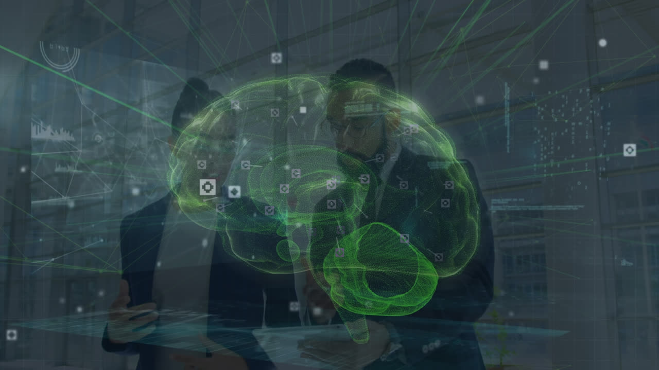 Animation of data processing and brain over diverse business people in office