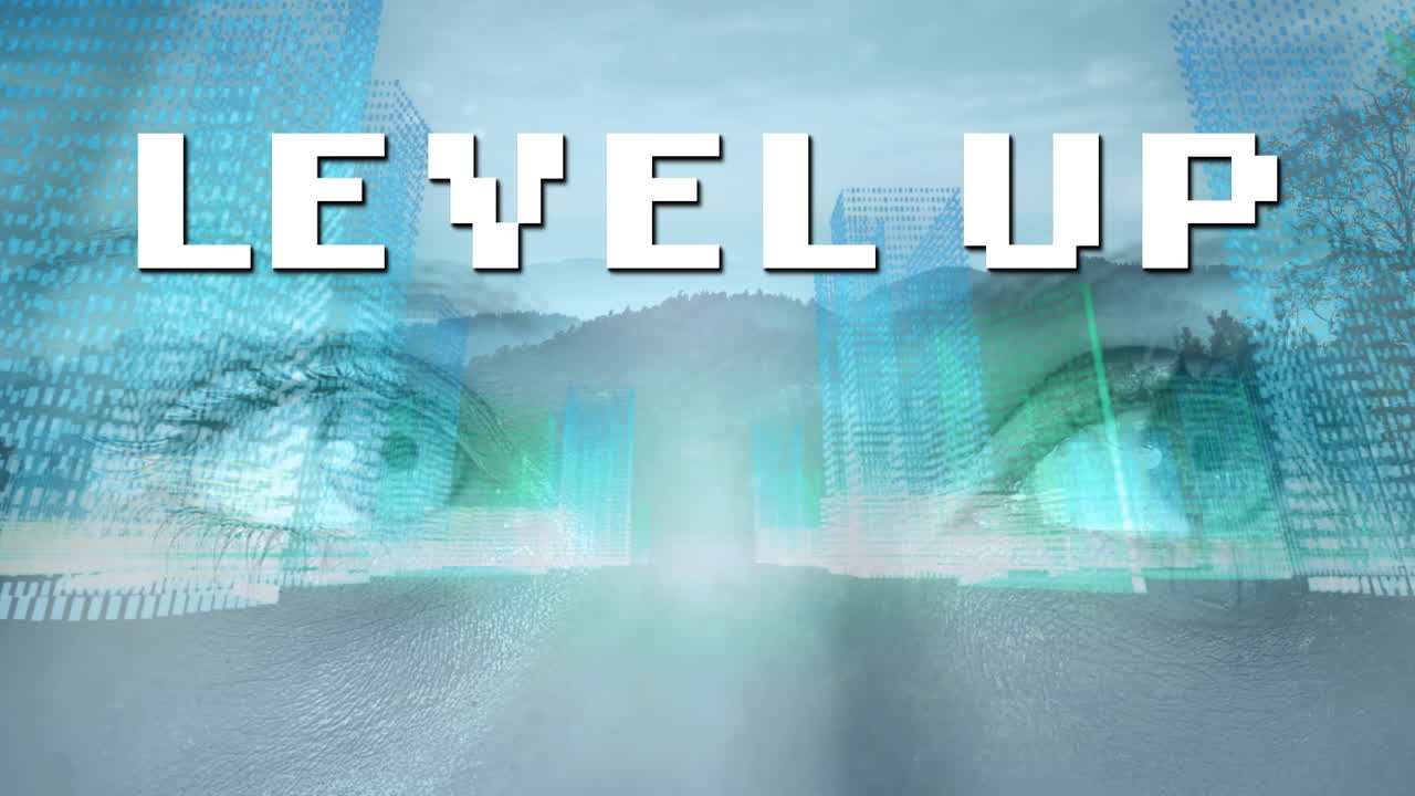 도시 풍경과 주변을 둘러보는 여성과 함께 레벨 업 텍스트의 애니메이션