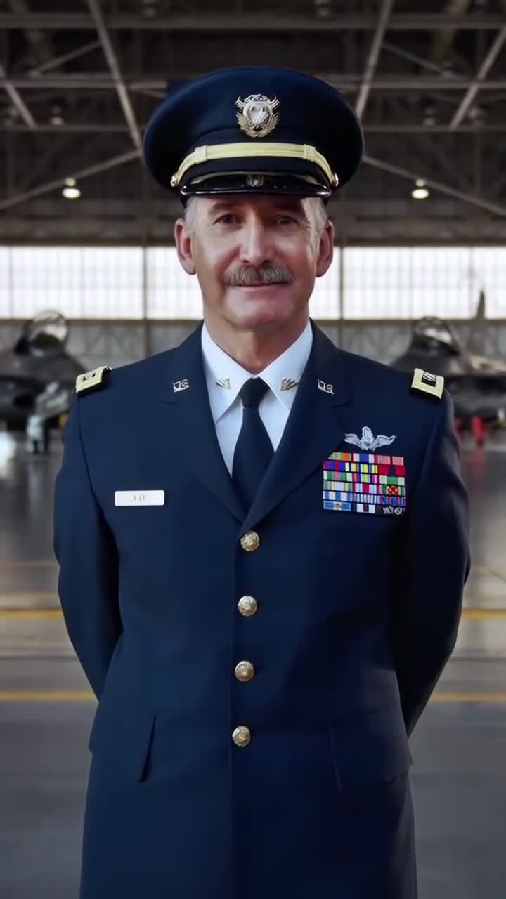 Fermo immagine di un video di un ufficiale in uniforme all'interno di un hangar, ripreso da un'angolazione frontale.