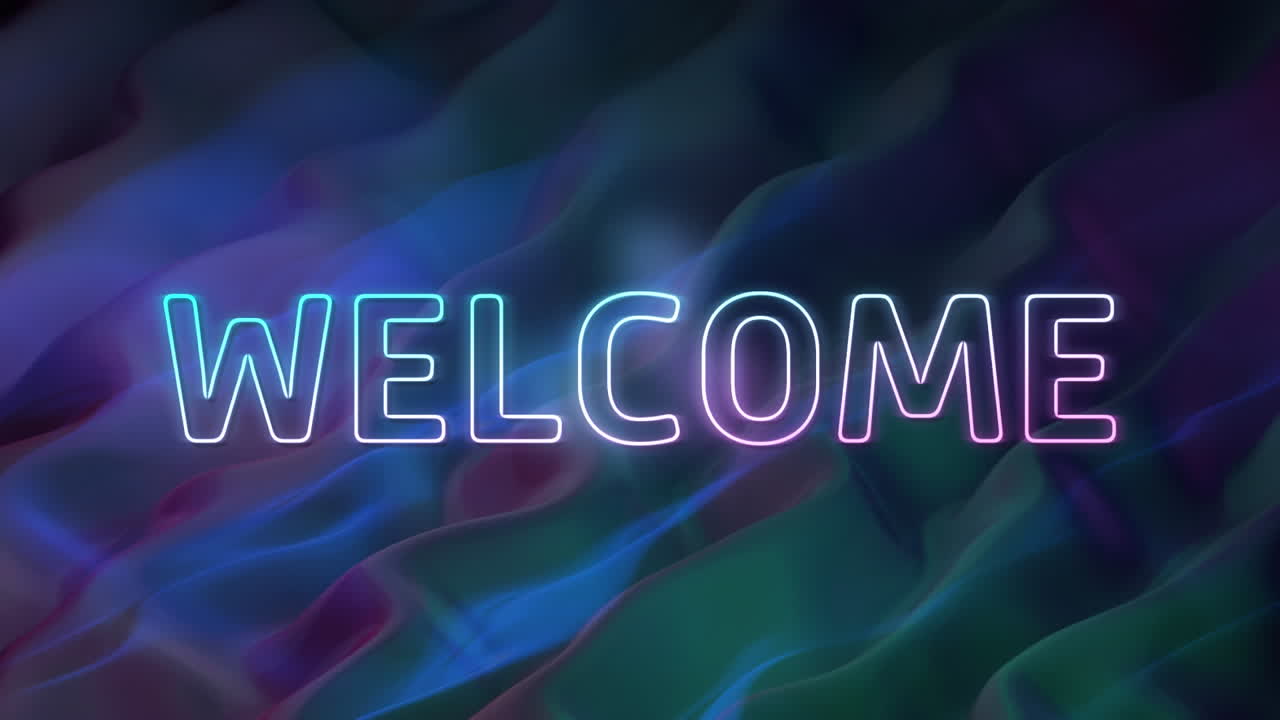 Animation of welcome text over neon light trails on black background