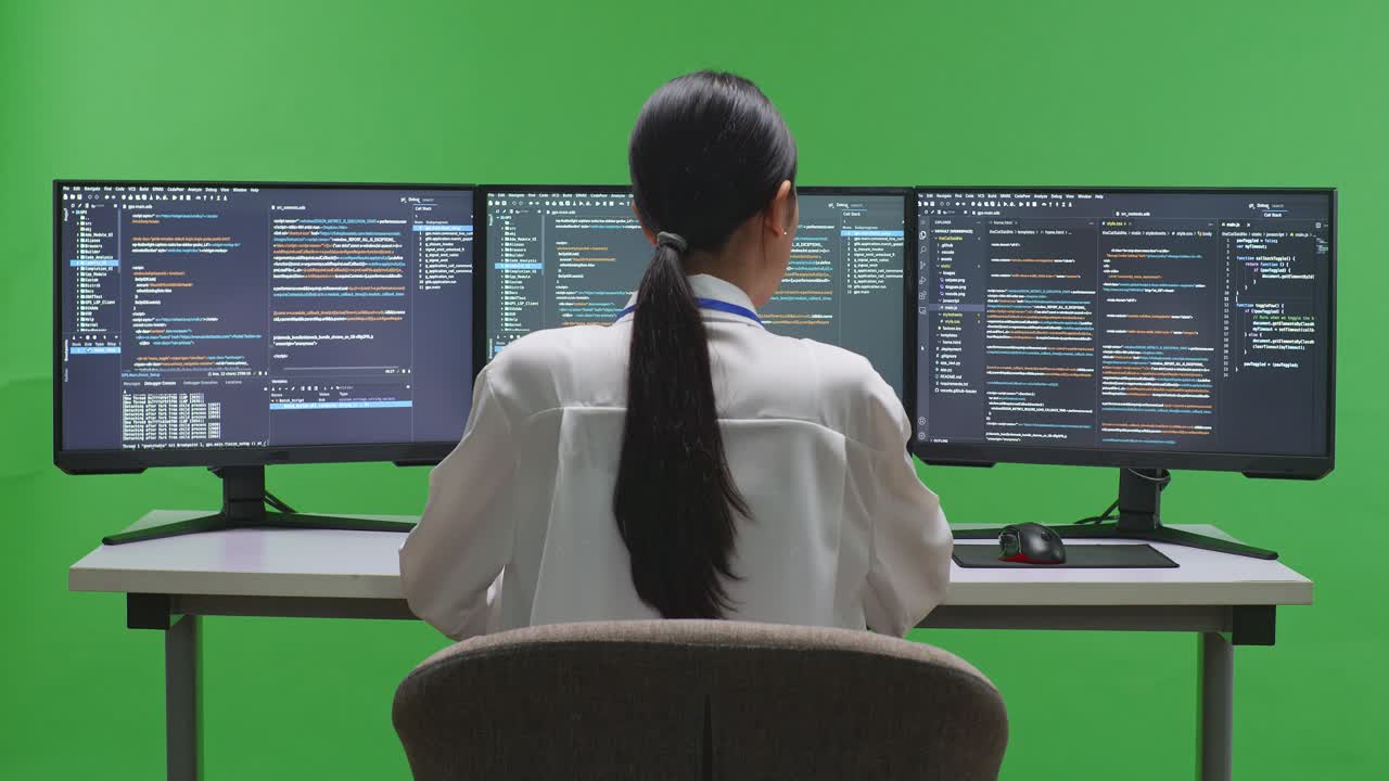 Woman Programmer Working on Code on Multiple Monitors