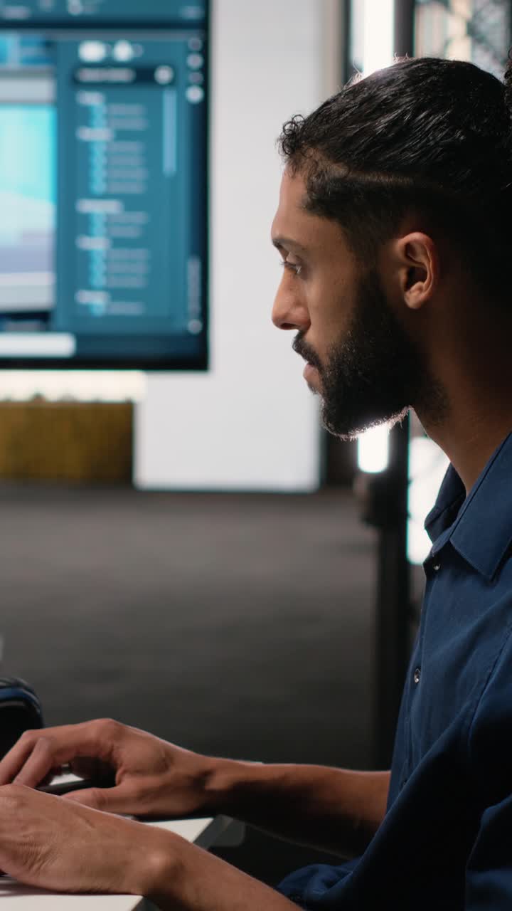 Vertical Video Middle eastern engineer finalizing interior design plans for a building