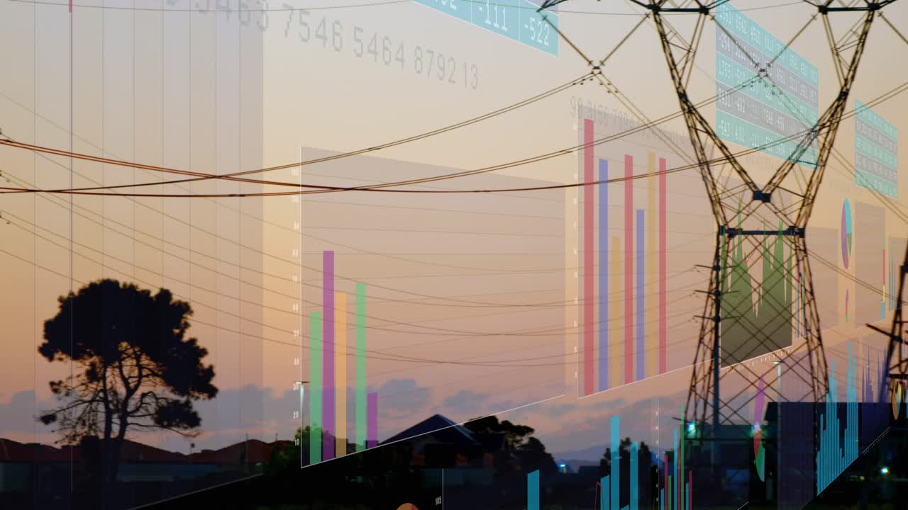 Câmera fazendo panorâmica para a direita, pilones escuros enquanto barras deslizam e pulsam, mostrando o fluxo de energia.
