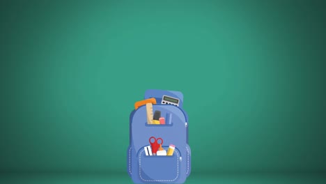 animación de múltiples iconos de concepto escolar que caen dentro de un icono de bolsa escolar contra un fondo verde.
