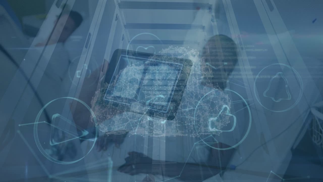 Animation of digital cloud and icons over caucasian male doctor with tablet