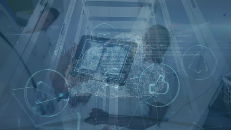 Animation of digital cloud and icons over caucasian male doctor with tablet