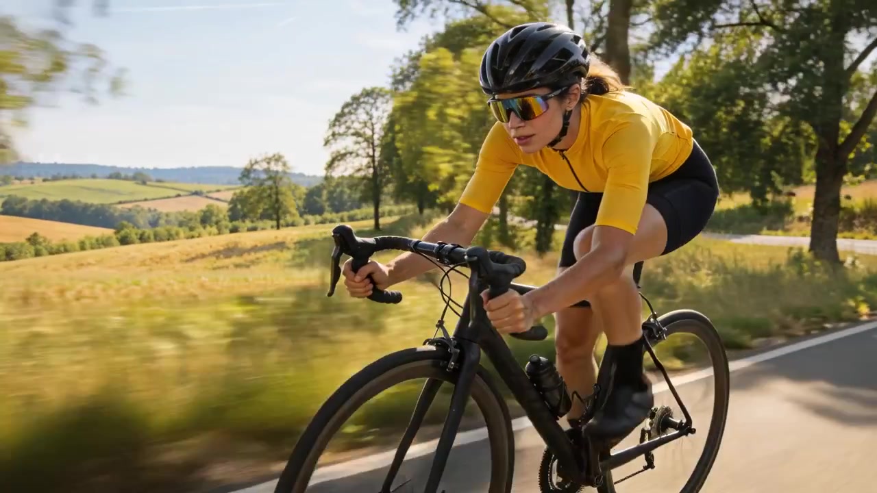 Donna in maglia gialla che affronta una curva a destra, pedalando su una strada rurale e allenandosi su una bici da corsa.