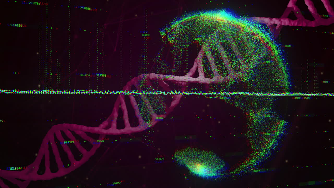 Processing scientific data, DNA strand intertwining with binary code animation