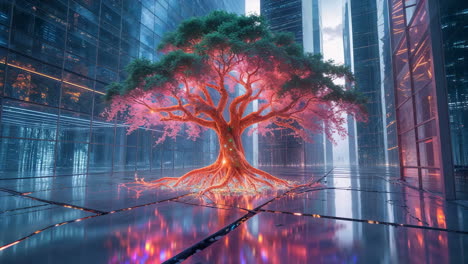 glowing tree in a futuristic city