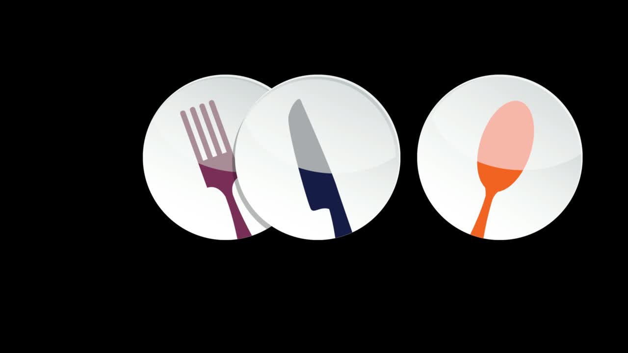 Three plates, with cutlery. Concept of cooking and restaurant. Animated illustration, 4k footage