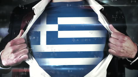 animation of mathematical equations over caucasian man wearing t-shirt with flag of greece