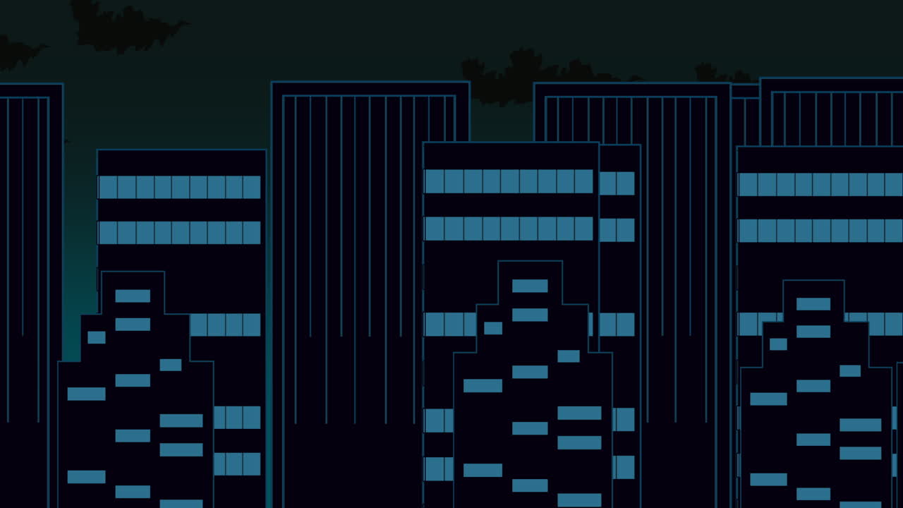 fondo de animación de dibujos animados con nubes de movimiento y edificios fondo de paisaje urbano abstracto