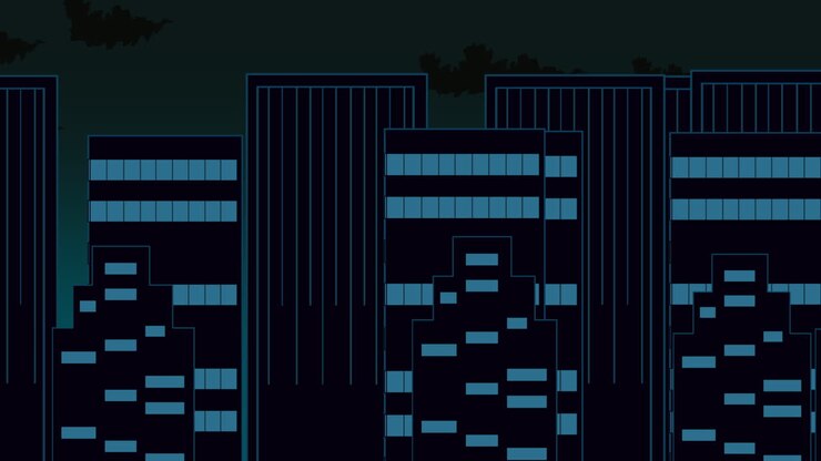 Cartoon animation background with motion clouds and buildings abstract cityscape backdrop