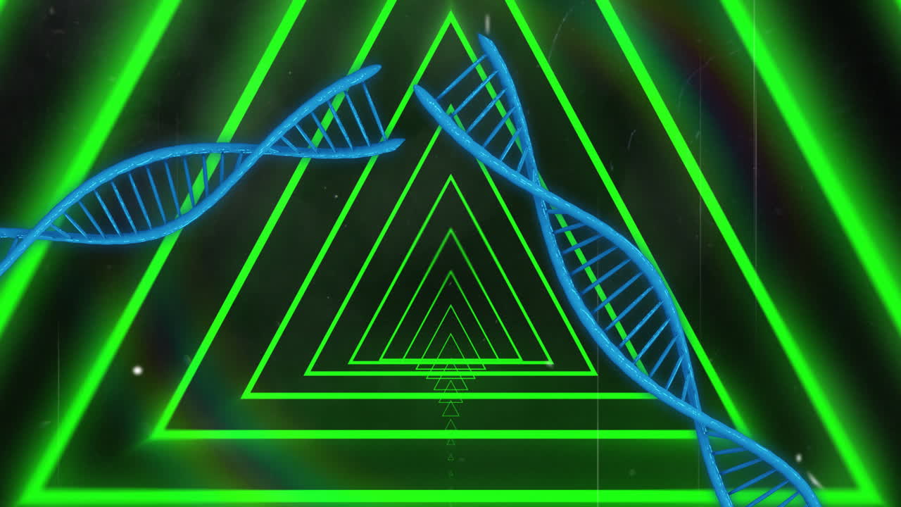 animación de cadenas de adn sobre formas triangulares verdes de neón sobre un fondo negro