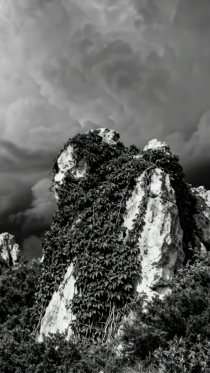 Vertical video: Shifting clouds thickening above limestone cliff covered in vines, signaling storm