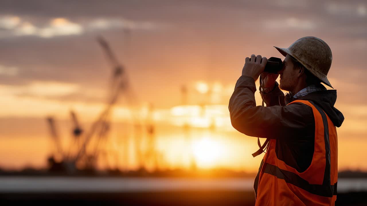 A vigilant worker in safety gear observes at sunset, silhouetted by machinery in the background, embodying dedication and attention to detail on the job site