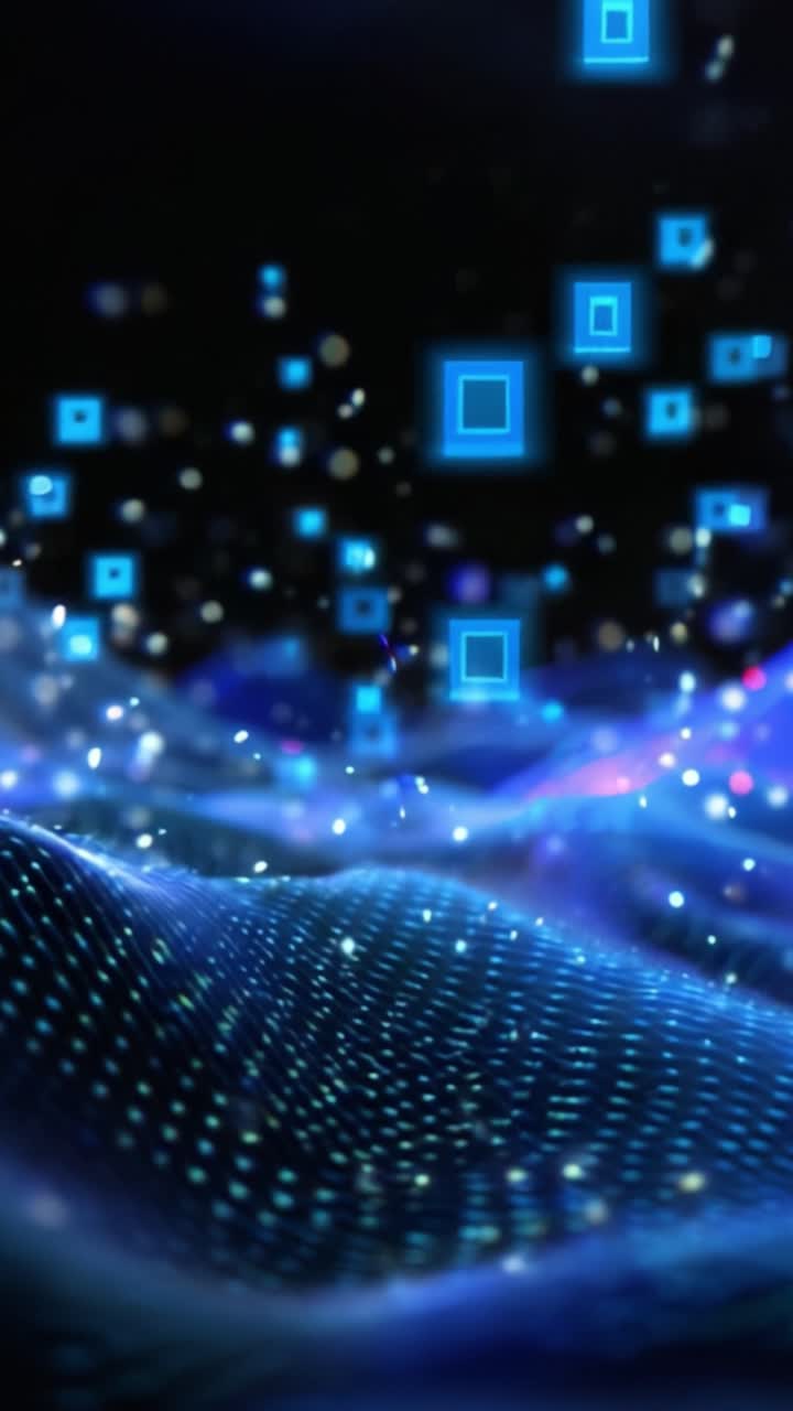Futuristic abstract background showcasing blue digital waves with glowing squares and dynamic particles, creating a captivating visual atmosphere for technology themes