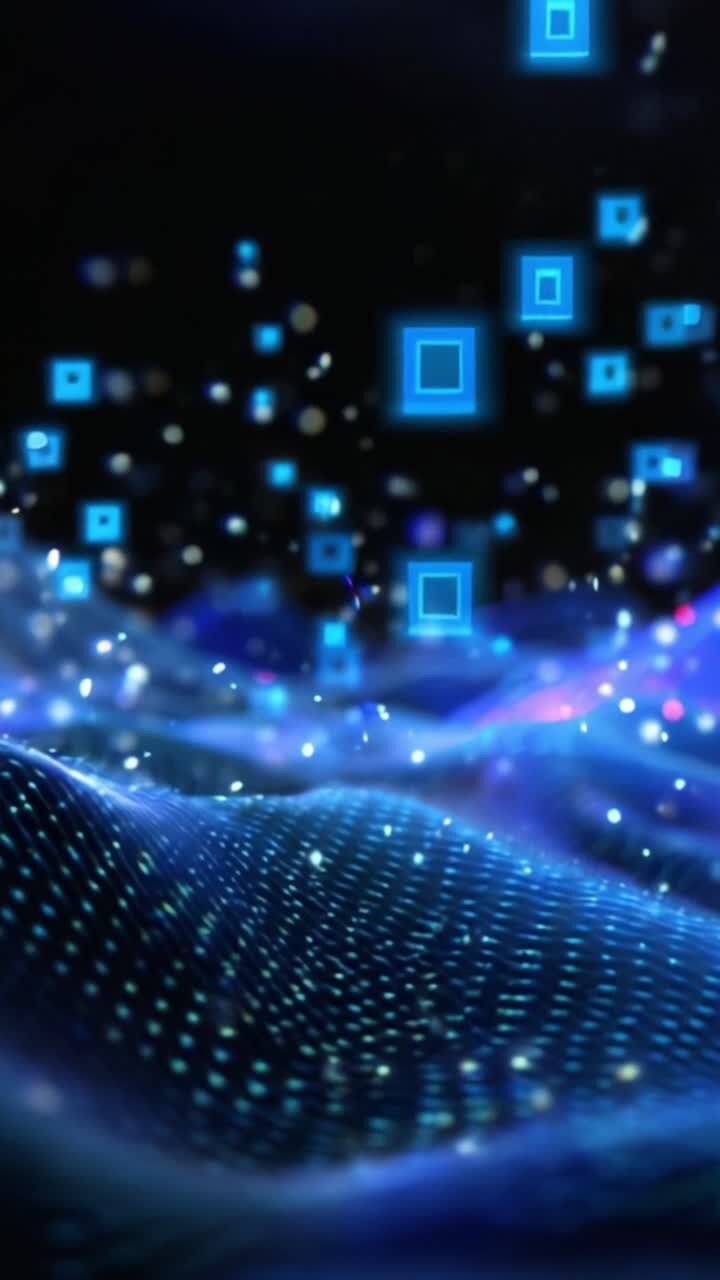 Futuristic abstract background showcasing blue digital waves with glowing squares and dynamic particles, creating a captivating visual atmosphere for technology themes