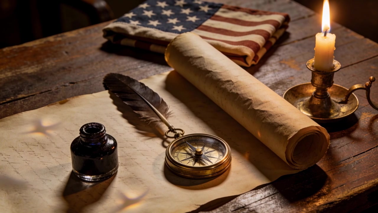 Flickering candle casting moving highlights across aged sheet, quill, compass, folded American flag