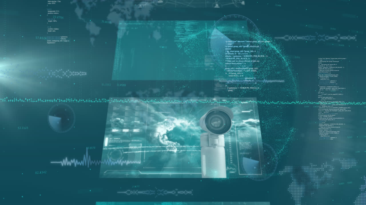 animación de procesamiento de datos y pantallas digitales con globo terrestre sobre fondo azul