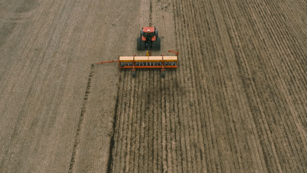 antena - tractor cosechador cultivando la tierra, campo al amanecer, bajando la inclinación hacia arriba