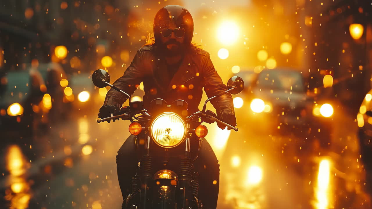 Sunset city motorcyclist. A man rides a motorcycle on a rainy street at sunset, creating warm glows and reflections